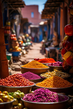 spices in the market, A bustling market in the summer, lively outdoor market bustling with shoppers among fresh, colorful fruit and vegetable stalls, embodying vibrant local ., A blurred image of a c
