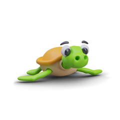 Side view on cute turtle crawls. Realistic turtle on white background with shadow. 3D vector