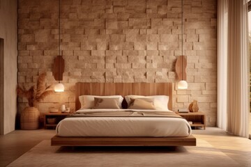 Wide view of a luxury bedroom with simple earthy colors, perfect for a good night's sleep...