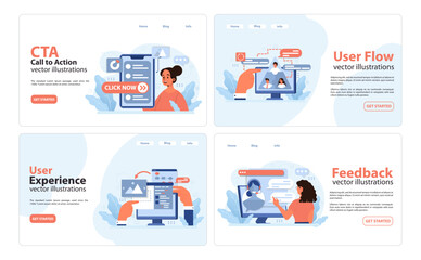 User Experience set. Web interaction visuals. Call to action prompts, user flow charts, feedback sessions. Dynamic interface components. Flat vector illustration