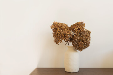 Dried hydrangea flower bouquet in white clay vase