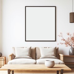 Japanese home interior design of modern living room. A wooden coffee table near a gray sofa and rustic cabinets against a white wall with blank poster frames with copy space.