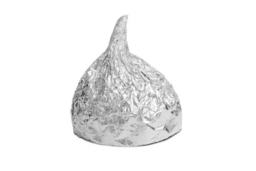 Aluminium foil hat isolated on white background, symbol for conspiracy theory and mind control protection. Top view.