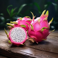 Fresh tasty dragon fruit on wooden table