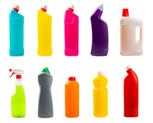 Set of cleaning products for home cleaning isolated on white background. Cleaning concept. Close-up. Rainbow.