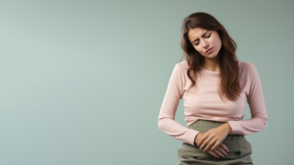 Obraz premium Brunette woman wincing in pain and hand rubbing stomach