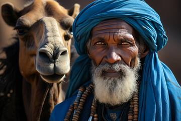 portrait of a nomadic Tuareg from Burkina Faso, wearing a blue turban, with a camel - obrazy, fototapety, plakaty