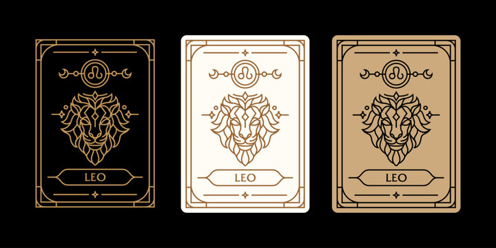 leo zodiac sign astrology cards set , horoscope, tarot, fortune teller. Vintage mystical illustration outline hand drawing, magical esoteric horoscope templates for wall print poster