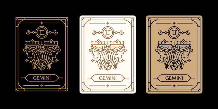 gemini zodiac sign astrology cards set , horoscope, tarot, fortune teller. Vintage mystical illustration outline hand drawing, magical esoteric horoscope templates for wall print poster