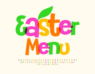 Vector holiday template Easter Menu with decorative Lead. Watercolor creative Font. Cute set of Alphabet Letters and Numbers