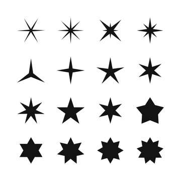 Star icons vector set. Twinkling stars, shining burst. Christmas vector symbols. Set of different shape stars icons for design.
