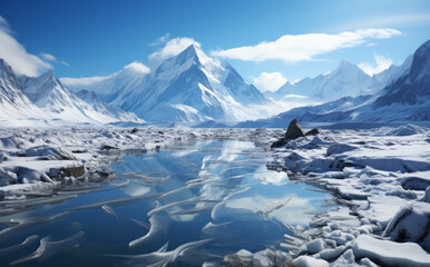 Fototapeta na wymiar ice frozen lake with mountains 