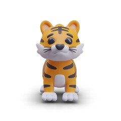 Cute baby tiger in realistic style with orange fur with black stripes. Safari animal on white background. Vector illustration in 3D style with shadow and place for text