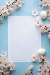 Blank white paper decorated with white flowers on twigs and white Easter eggs on a pastel blue background. Happy Easter card with copy space.