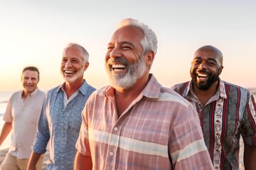 group of senior men walking on the beach happily