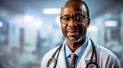 Corporate portrait of an African-American physician. Generative AI