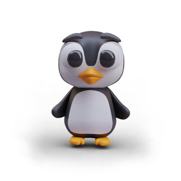 Model of toy bird in white and black colors. Adorable toy with yellow beak and paws. Little penguin character on white background. Vector illustration in 3D style