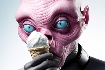Alien With Ice Cream In His Hands On White Background