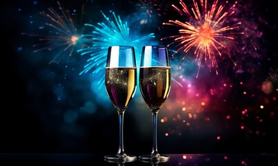 two glasses of wine with fireworks 