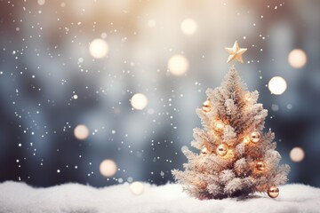 Blurred Christmas Tree In Snowy Landscape With Snowflake Symbol