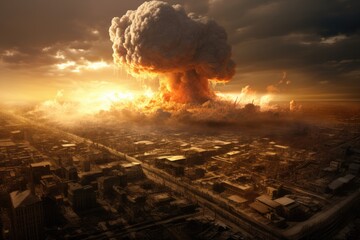 Devastating Nuclear Explosion Obliterates City, Bringing Wars End - obrazy, fototapety, plakaty