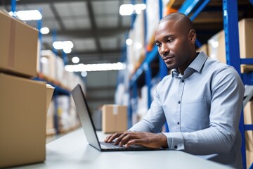 Efficient Warehouse Managers Laptop Work, Logistics Coordination, Fulfillment