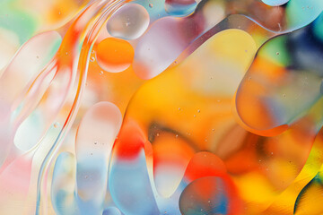 Close-up of the movement of oil droplets on the water surface. Colorful abstract macro background...