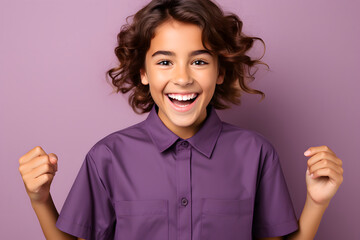 Photo portrait smiling laughing small boy copyspace isolated color background