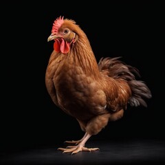Fototapeta premium A full body of brown or red chicken hen standing isolated on a transparent black background.
