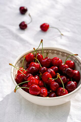 juicy cherry in a bowl  on the table, minimalism, close-up, sunlight, no people