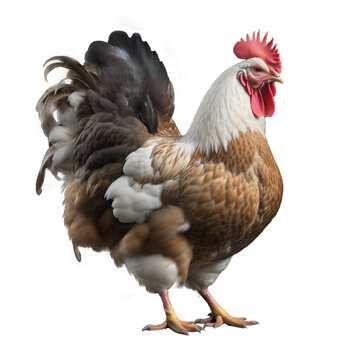 A full body of brown,  black, and white color chicken hen standing isolated on a transparent PNG or white background.