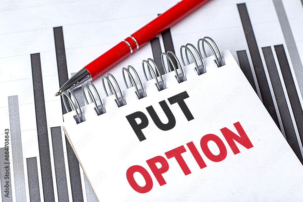 Poster put option text written on a gray background with pen and calculator