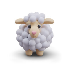 Cute fluffy sheep on white background. Game model, herding sheep concept. Realistic toy in white and beige colors. Vector illustration in 3D style with yellow object