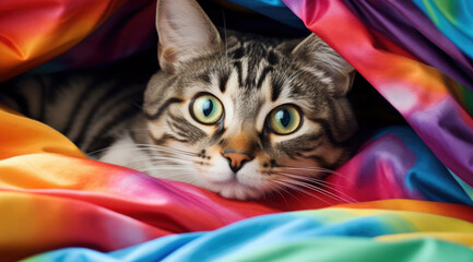 Cute young tabby cat lying on sofa and peeking out from under rainbow color rug, funny playful pet at home.