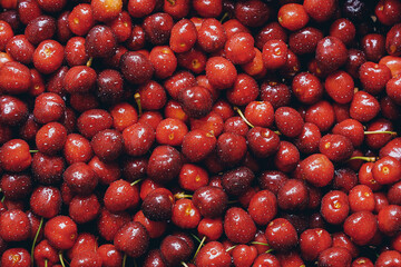 red cherry  background , natural pattern, close-up, no people, top view