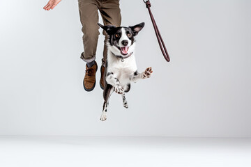 A man is jumping in the air with a dog created with generative AI technology