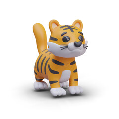 Cute little tiger standing and looking on side. Wild dangerous feline animal. Chinese zodiac sign concept. Vector illustration in 3d style on white background