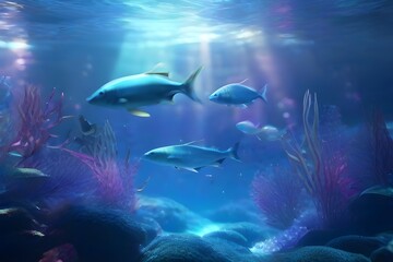 Fototapeta na wymiar Ethereal AI-generated underwater scene with aquatic life and mesmerizing luminescence.