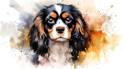 watercolor portrait tricolor cute cavalier king charles spaniel puppy - obrazy, fototapety, plakaty