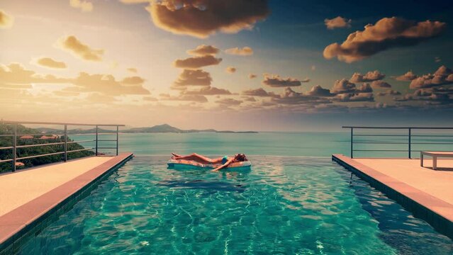 Luxury villa travel getaway destination at idyllic tropical landscape. Woman swimming in infinity pool by red sunset sky