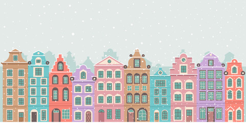 Fototapeta premium Dutch colorful houses.Winter city landscape.Amsterdam street in snow.New Year and Christmas.Banner with copy space.Vector stock illustration.