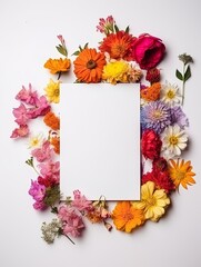 Obraz premium Vertical top view blank card with flowers Abstract organic flowers Blooming floral on white background for invitation card