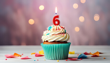 Birthday cupcake with lit birthday candle Number six for six years or sixth anniversary - obrazy, fototapety, plakaty