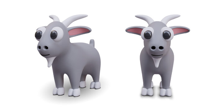 3D goat, front and side view. Vector funny domesticated animal. Horned creature with big eyes. Animal from farm. Character for online games. Set of isolated images
