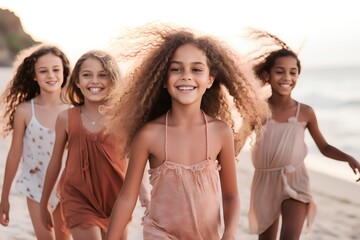 Fototapeta premium group of kids walking on the beach happily