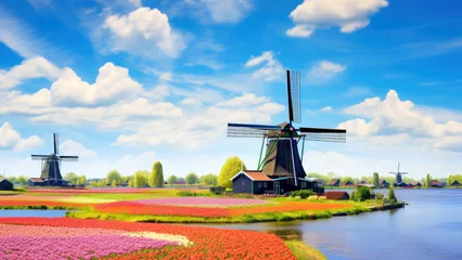 Schilderijen op glas Beautiful colorful spring landscape, tulip fields with windmills in Netherlands, Europe.  © Lyn Lyn