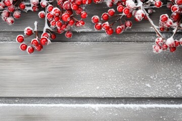 Snowcovered Board Frame With Red Berries And Frost