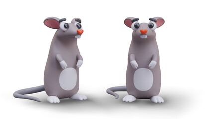 3D mouse with heart nose and white belly. Toothy rat stands on its hind legs. Set of objects in different positions. Wild animal with long tail, pest, rodent. Vector color illustration for web design