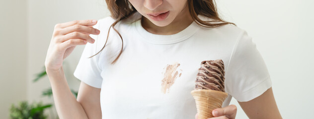 dirty food mark on clothes, Close-up food stain dirt on the shirt prepare cleaning mark removal...