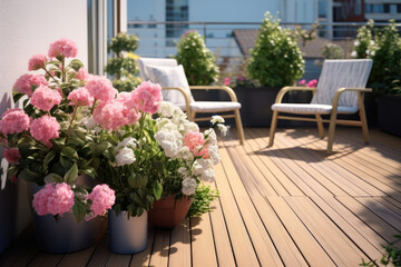 Stylish Balcony Or Terrace Adorned With Wooden Floor And Potted Flowers Photorealism